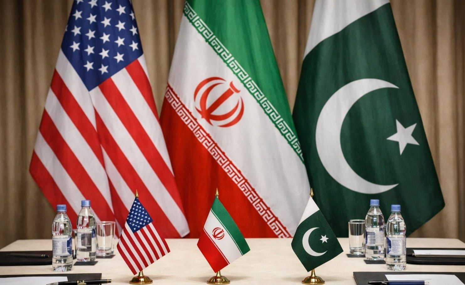 Gambar perundingan damai dengan bendera Amerika Serikat, Iran, dan Pakistan