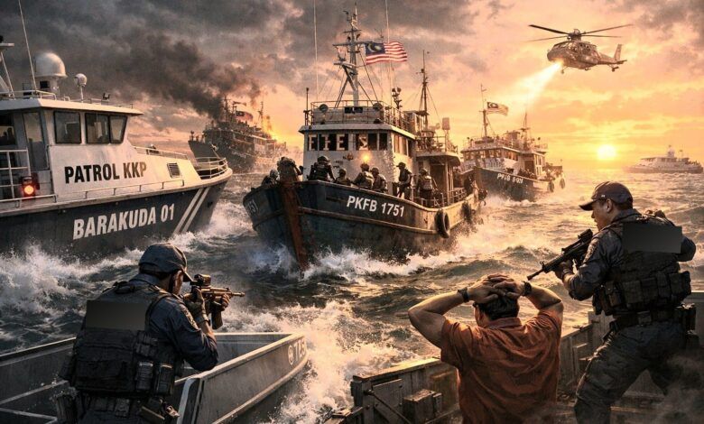 Ilustrasi penagkapan tiga kapal ikan berbendera Malaysia yang kedapatan mencuri ikan di Selat Malaka.