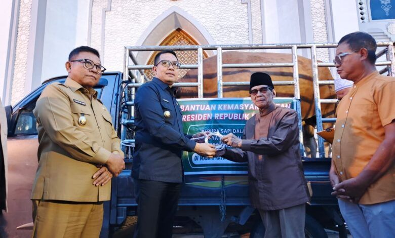 Wali Kota Samarinda Andi Harun didampingi Wakil Wali Kota Saefuddin Zuhri secara simbolis menyerahkan sapi kurban bantuan Presiden kepada pengurus Masjid Raya Darussalam