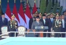 Presiden Prabowo Subianto menghadiri upacara peringatan HUT Bhayangkara ke-80 di Satlat Brimob Cikeas, Bogor, Jawa Barat, Rabu (1/7).